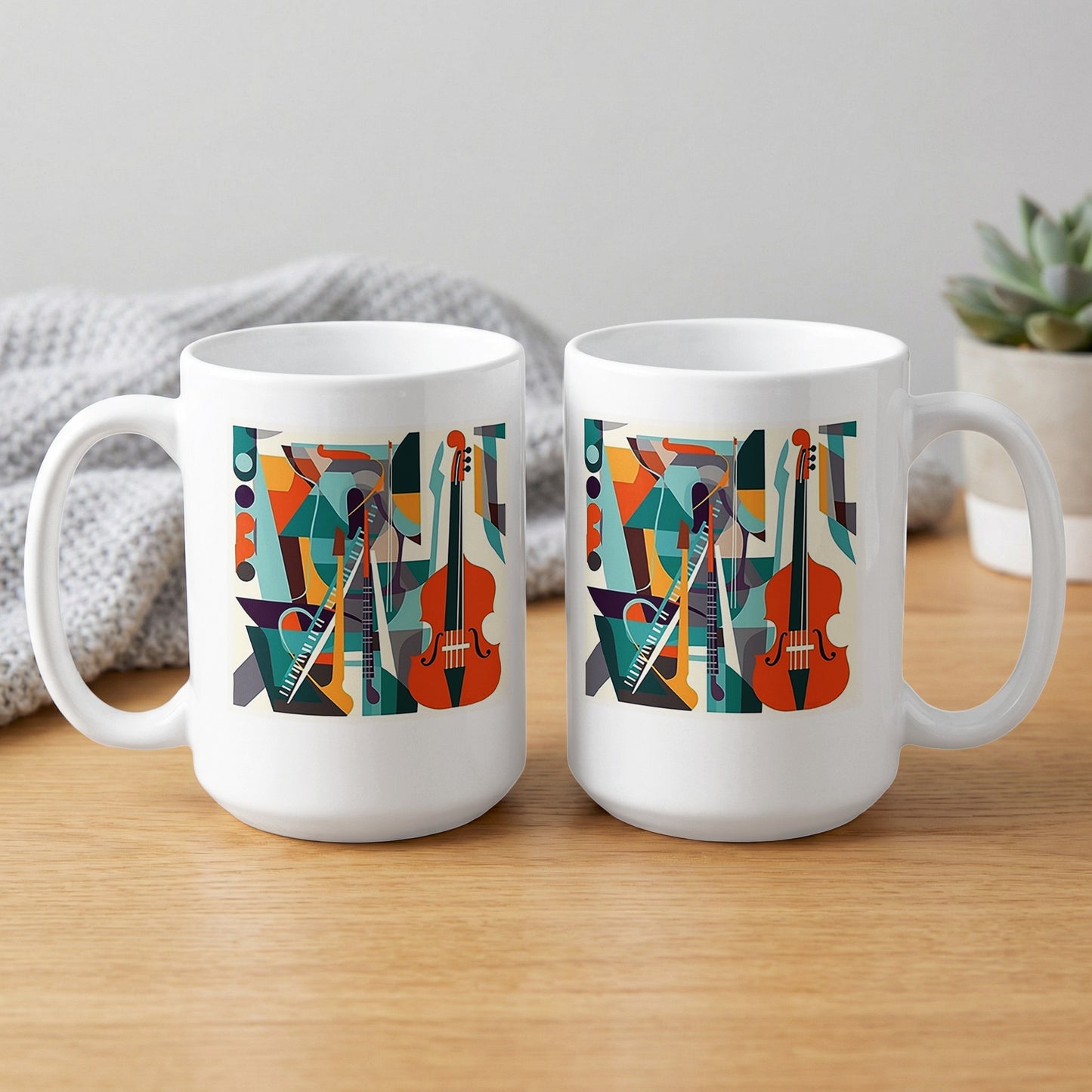 Front and back view of 15oz white mug showing cello artwork, musical elements and bold overlapping geometric patterns.