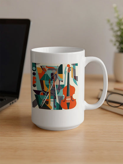 15oz coffee mug showing contemporary music design with cello illustration, layered instruments and colourful geometric forms.