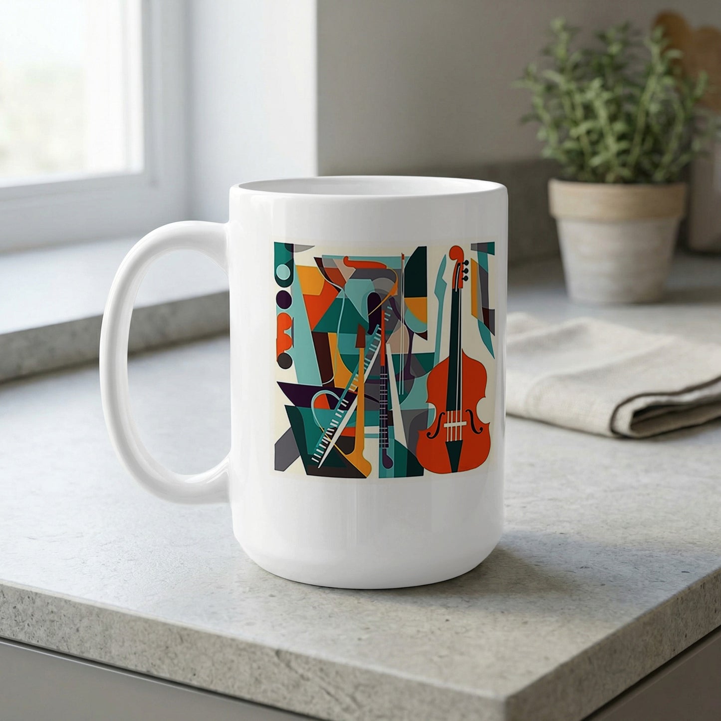 15oz mug near a window featuring mid-century musical collage with cello illustration and geometric colour blocks.