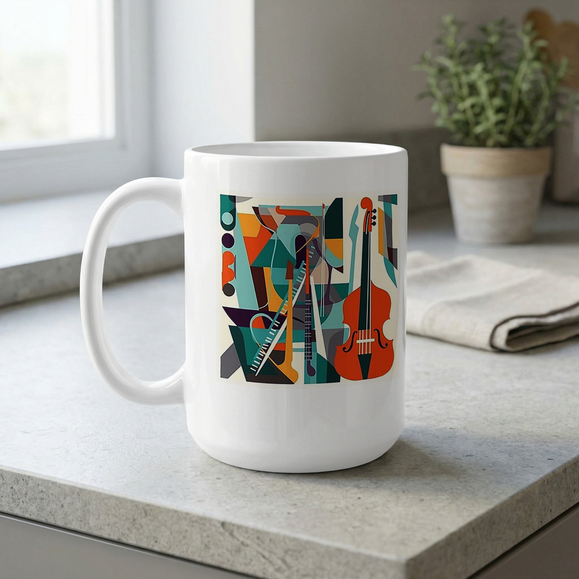 15oz mug near a window featuring mid-century musical collage with cello illustration and geometric colour blocks.