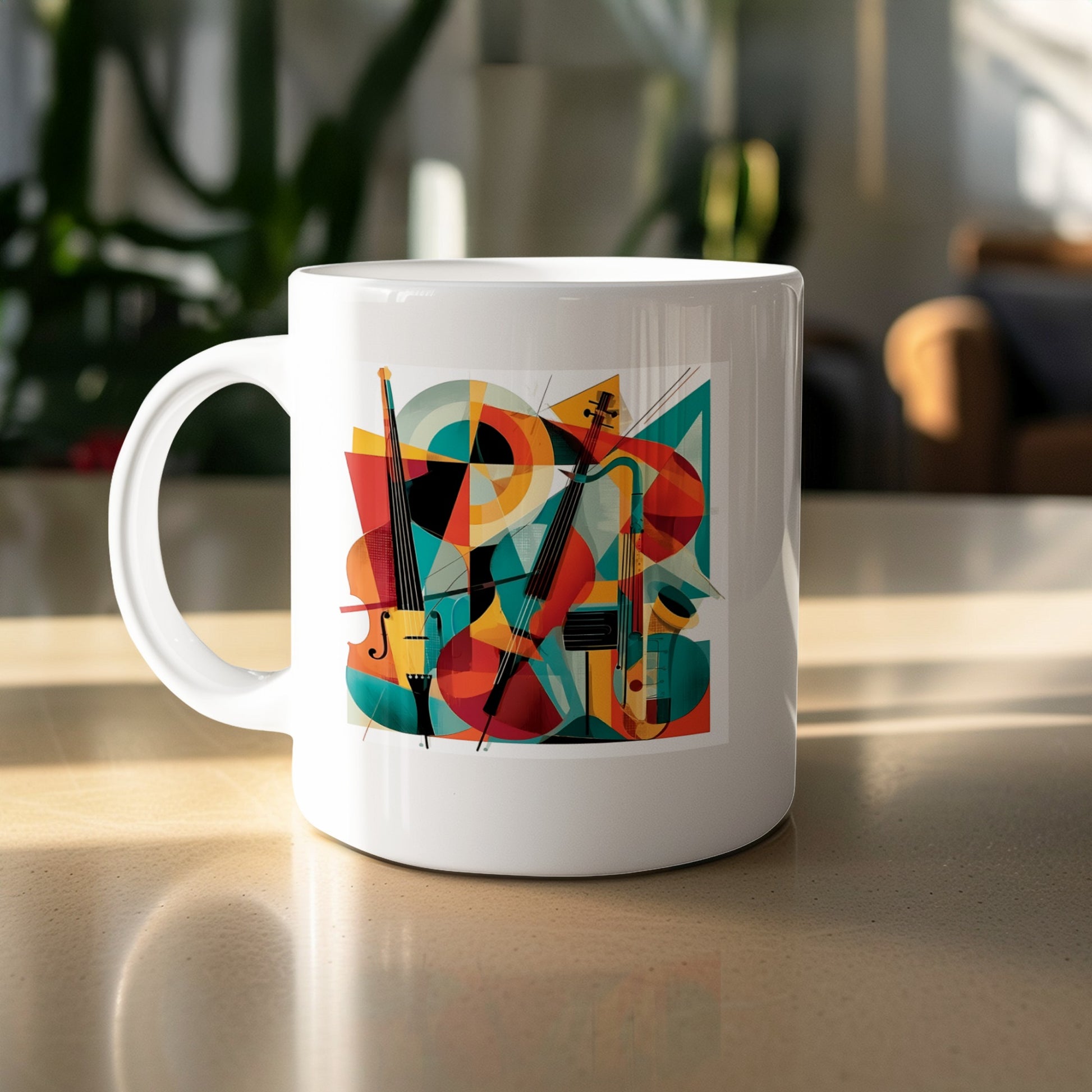 Contemporary Music Mug 11oz featuring two cellos with geometric forms, flowing bow lines and teal, red, orange and black tones.