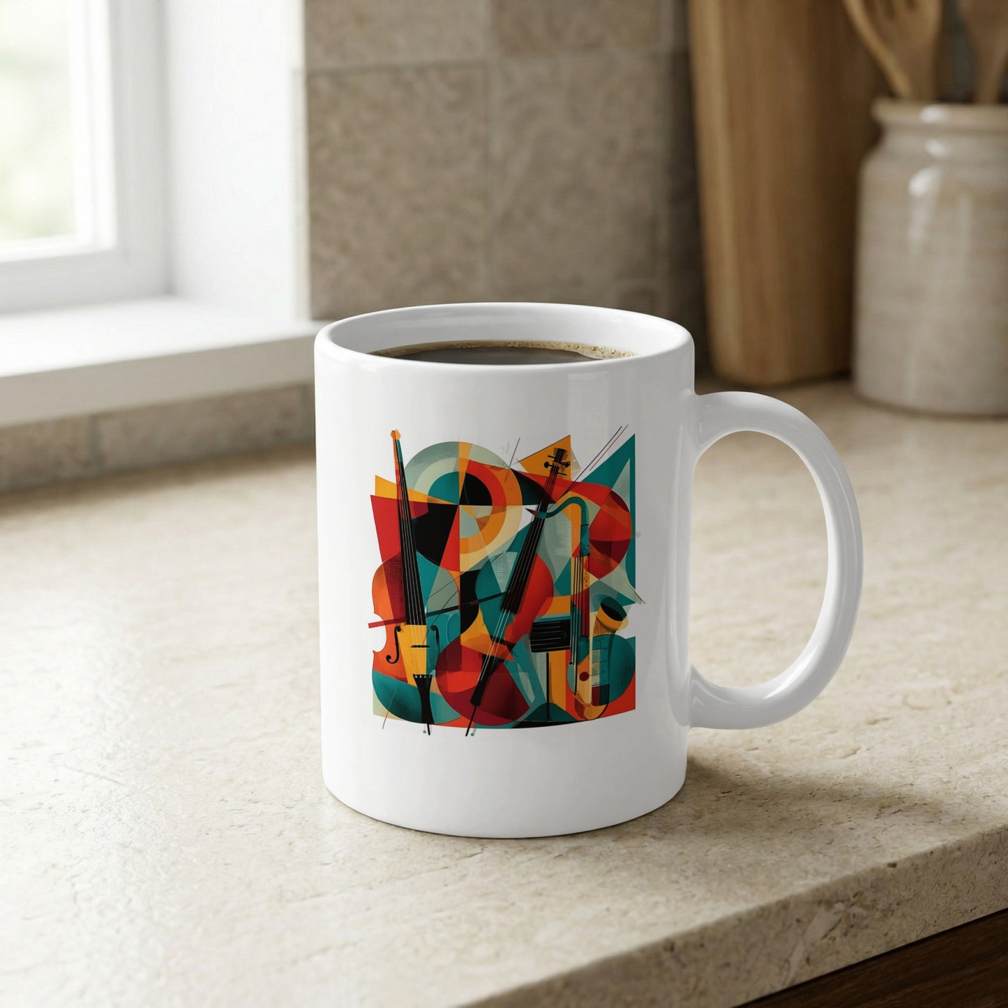Ceramic mug featuring two cello illustrations with defined f-holes, curved forms and contemporary geometric composition by window.