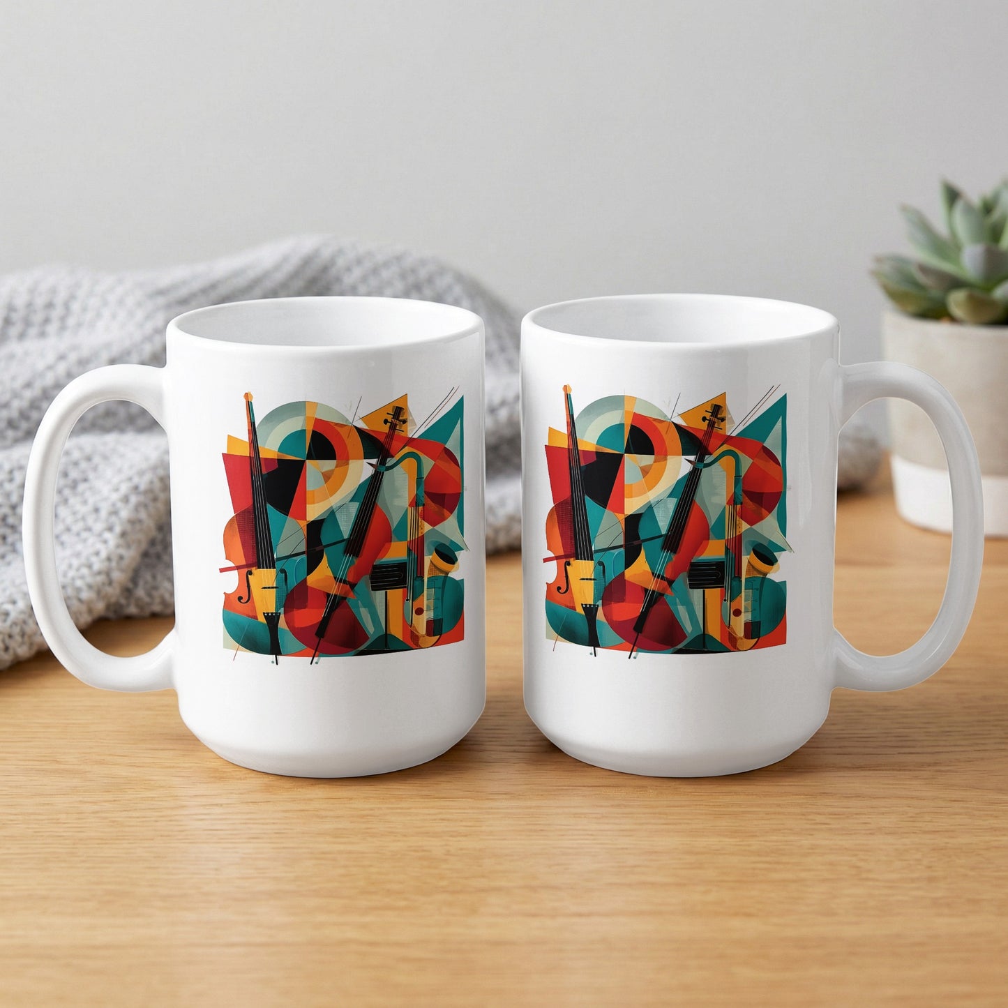 Front and back view of 15oz mug showing cello artwork with overlapping shapes, circles and bold mid-century inspired forms.