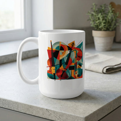15oz mug near a window featuring twin cello illustration with geometric forms and vibrant contemporary musical design.