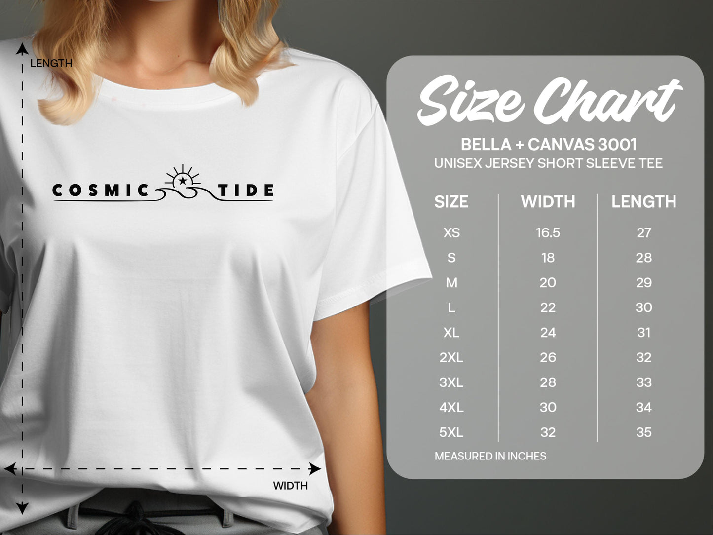 Cosmic Tide T-Shirt size chart showing unisex chest width and body length measurements from small to 3XL.