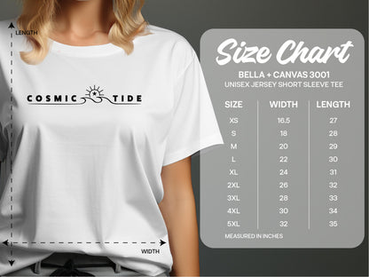 Cosmic Tide T-Shirt size chart showing unisex chest width and body length measurements from small to 3XL.