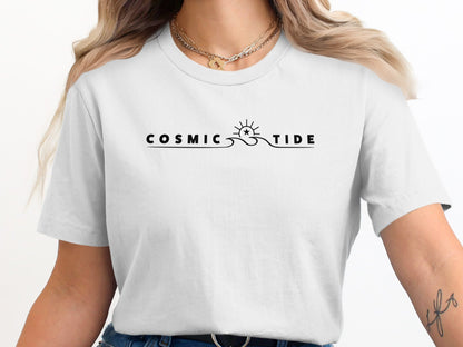 White Cosmic Tide T-Shirt with clean centred typography and subtle sun, wave, and star illustration in understated minimalist layout.