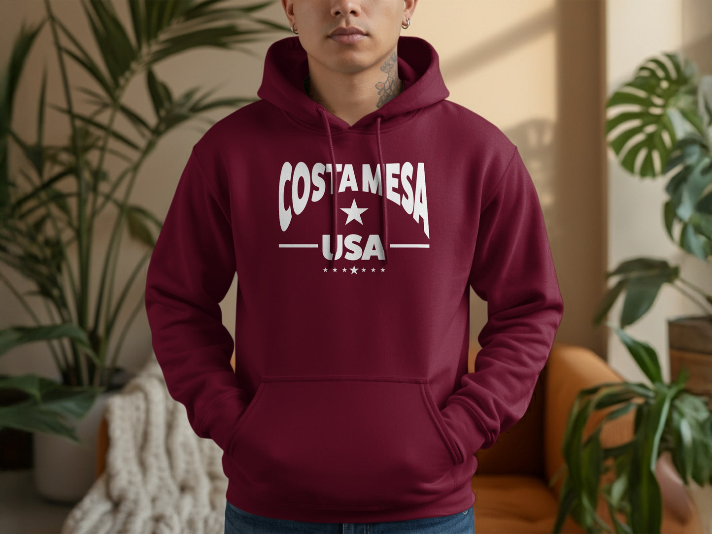 Costa Mesa hoodie, stylish maroon unisex pullover with relaxed fit, warm fabric, and classic casual comfort.