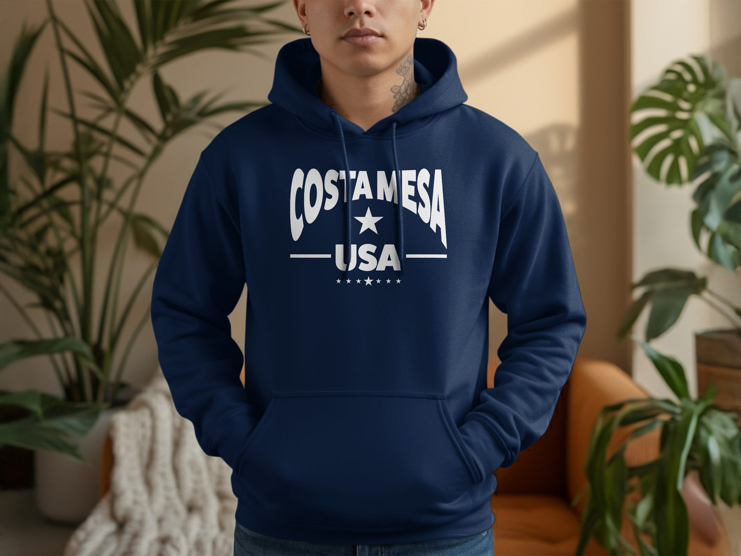Costa Mesa hoodie, navy unisex pullover with relaxed fit, soft fabric, and casual coastal everyday style.