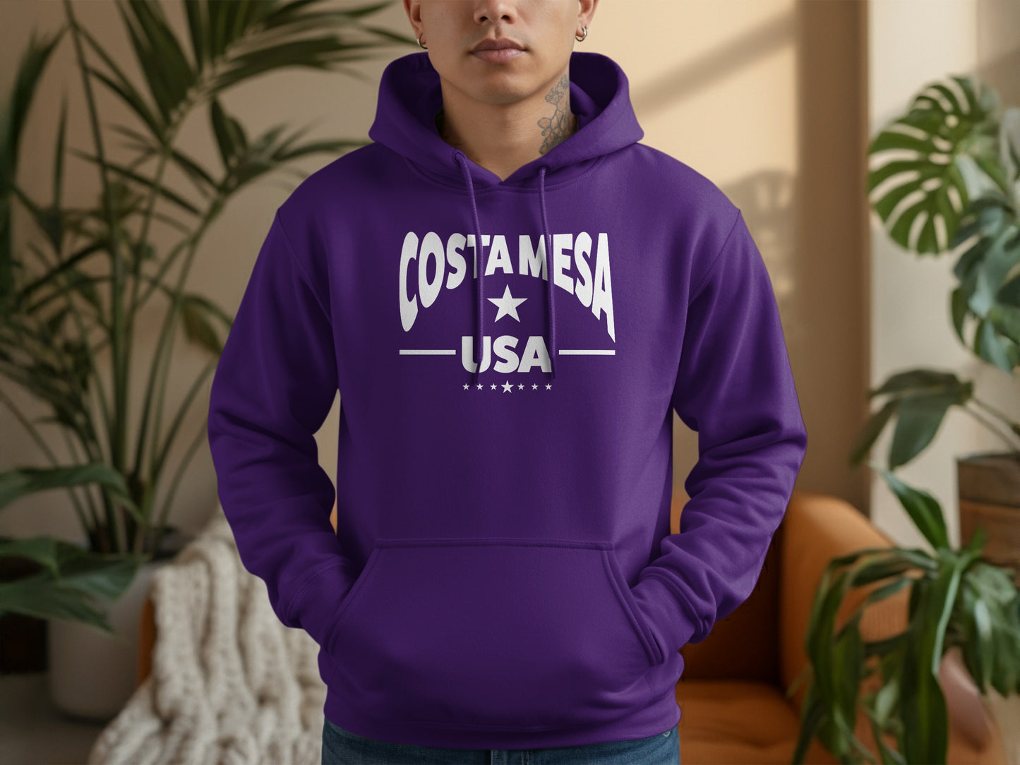 Costa Mesa hoodie, affordable purple unisex pullover with relaxed fit, soft texture, and standout casual styling.