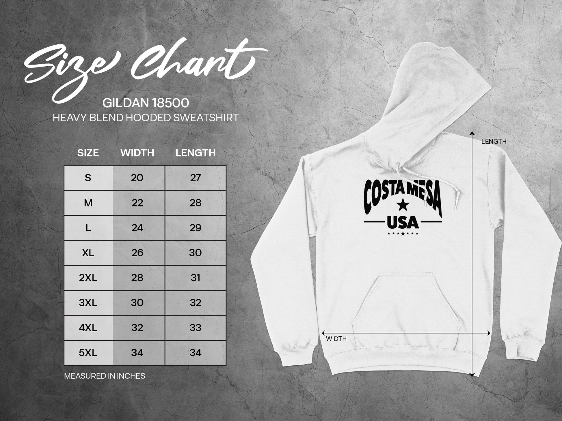 Unisex hoodie size chart, showing chest width, body length, sleeve length, and fit measurements for daily comfort.