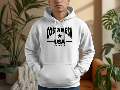 Costa Mesa hoodie, white unisex pullover with relaxed comfy fit, soft fabric, and clean casual style for everyday wear.