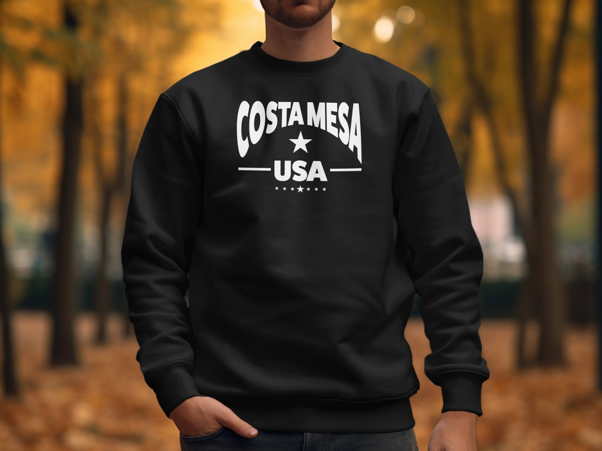 Costa Mesa sweatshirt in black, unisex pullover with relaxed fit and long sleeves for versatile everyday comfort.
