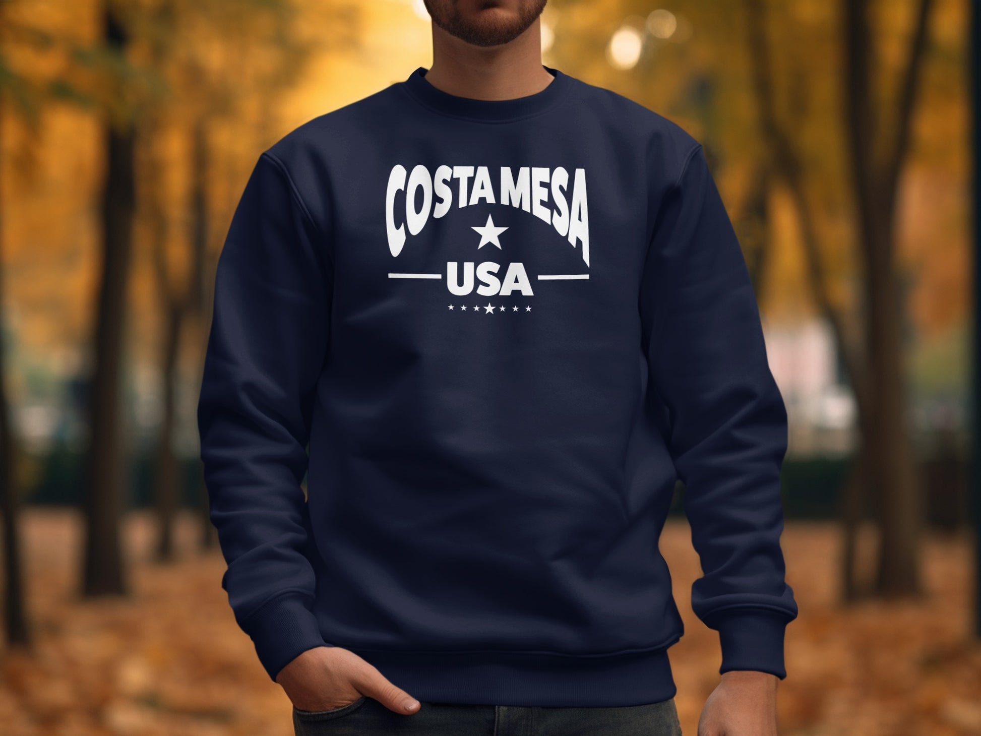 Costa Mesa sweatshirt in navy, unisex crew neck design with soft feel relaxed silhouette and casual layered styling.