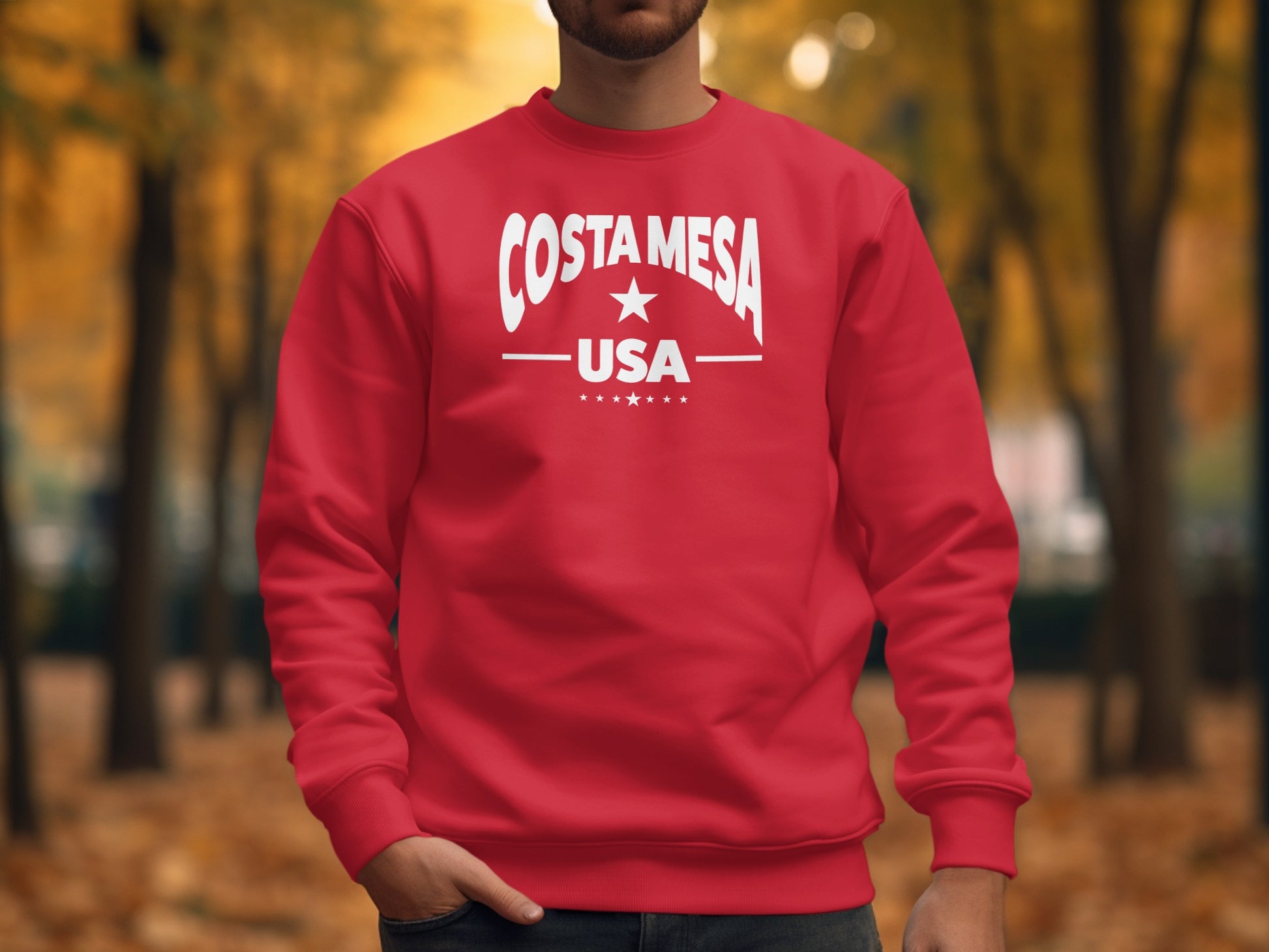 Costa Mesa sweatshirt in red, affordable unisex crew neck with relaxed fit warm fabric and standout casual look.