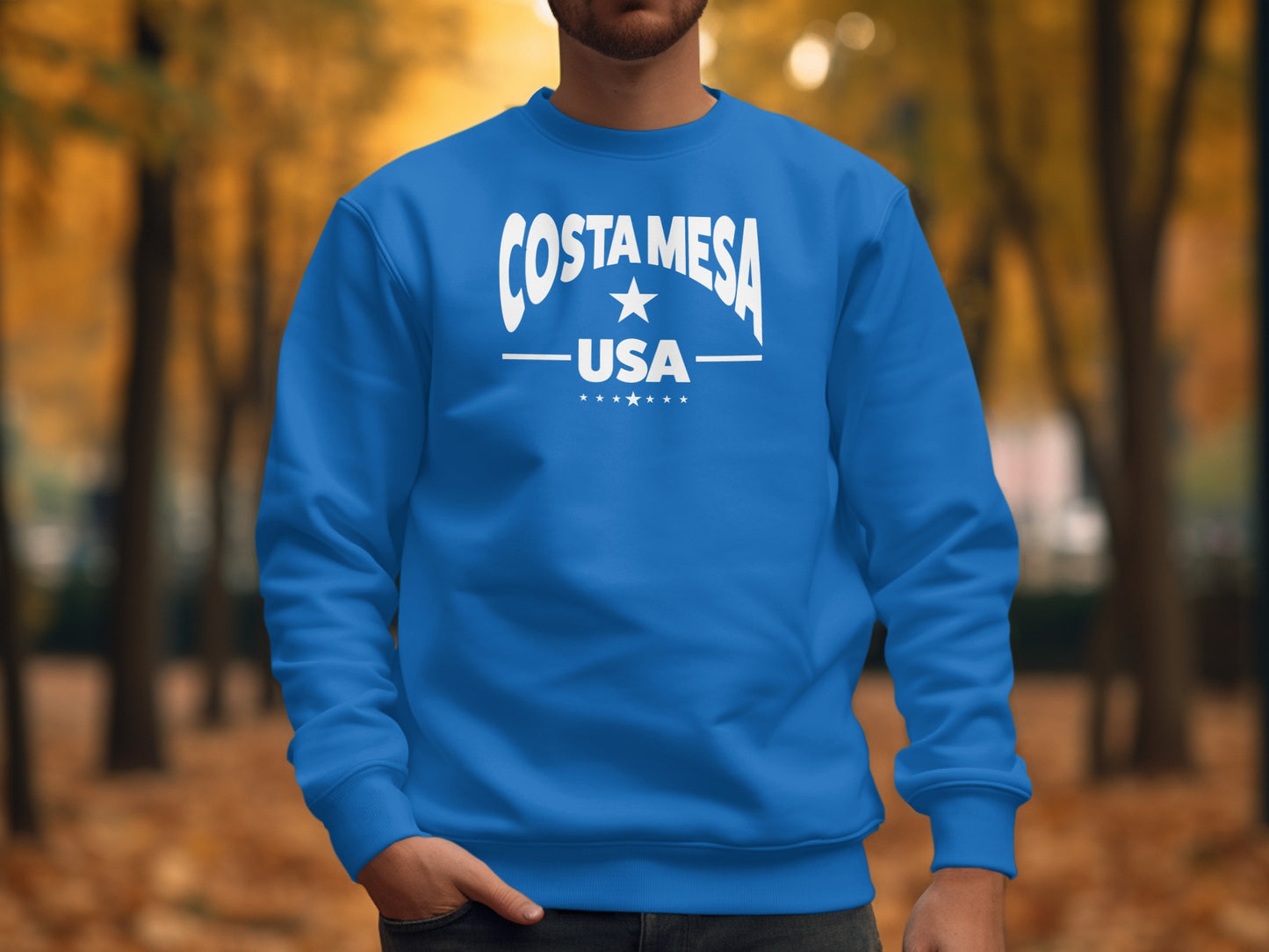 Royal Blue Costa Mesa unisex pullover sweatshirt with relaxed crew neck fit and bold casual style.