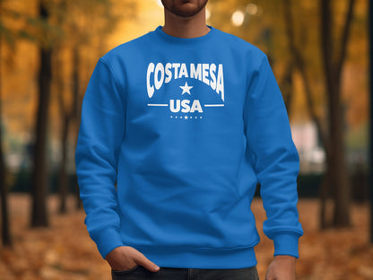 Royal Blue Costa Mesa unisex pullover sweatshirt with relaxed crew neck fit and bold casual style.