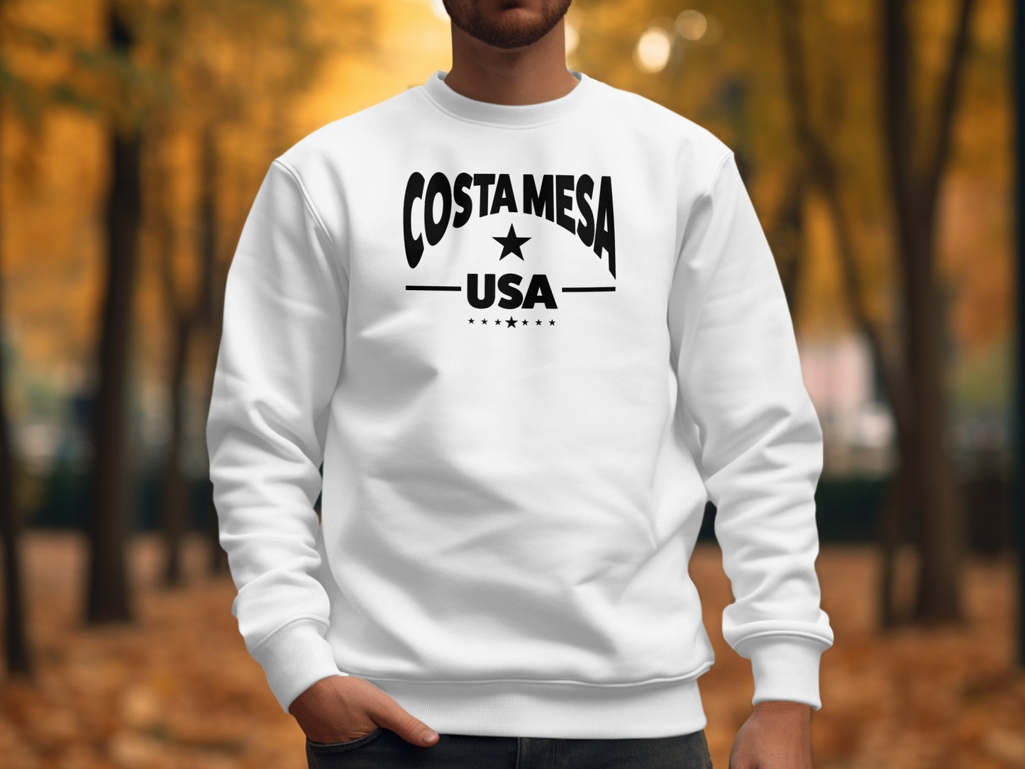 Costa Mesa sweatshirt white, unisex crew neck with relaxed fit and soft fabric for clean casual coastal style.