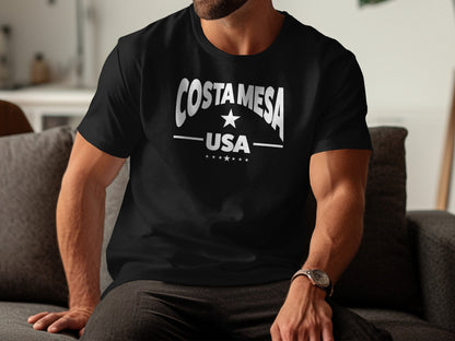 Costa Mesa t-shirt in black, unisex crew neck design with relaxed fit, soft cotton feel, casual everyday style.