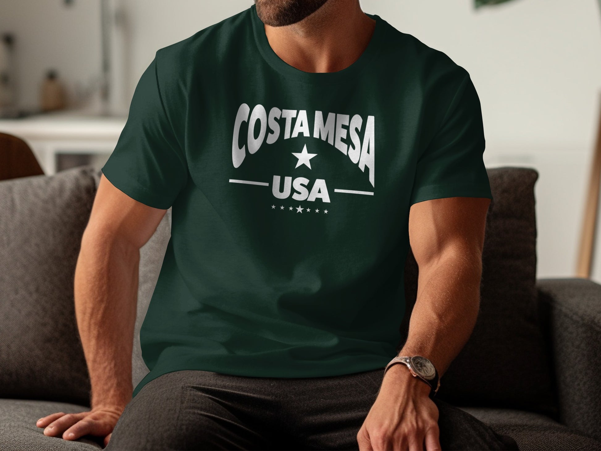 Costa Mesa t-shirt, forest green unisex short sleeve with relaxed fit, soft texture, and everyday coastal style.