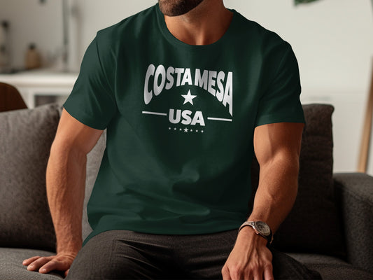 Costa Mesa t-shirt, forest green unisex short sleeve with relaxed fit, soft texture, and everyday coastal style.