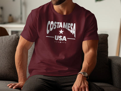 Costa Mesa short sleeve t-shirt, maroon unisex crew neck with soft cotton fabric, relaxed fit, and casual versatile style.