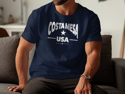Costa Mesa t-shirt, timeless navy unisex short sleeve with lightweight cotton, relaxed silhouette, and versatile trendy look.
