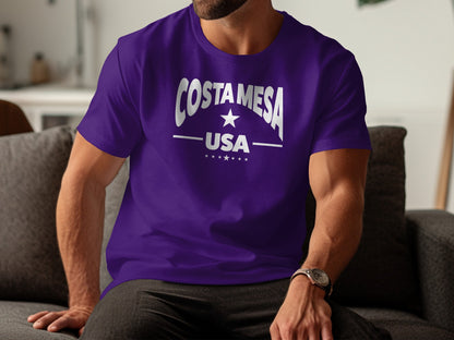 Costa Mesa t-shirt, trendy purple unisex crew neck with breathable cotton, soft fabric, and stylish casual wear.