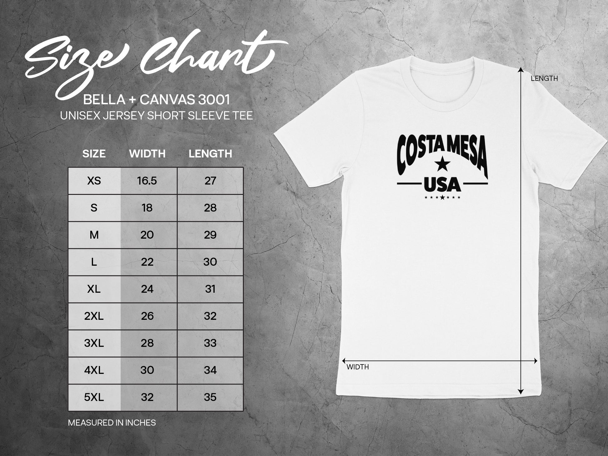 Unisex t-shirt size chart showing chest width, body length, and sleeve measurements for accurate fit.