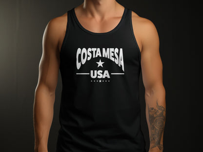Costa Mesa tank top, black unisex sleeveless with relaxed fit, lightweight cotton fabric, and everyday casual style.