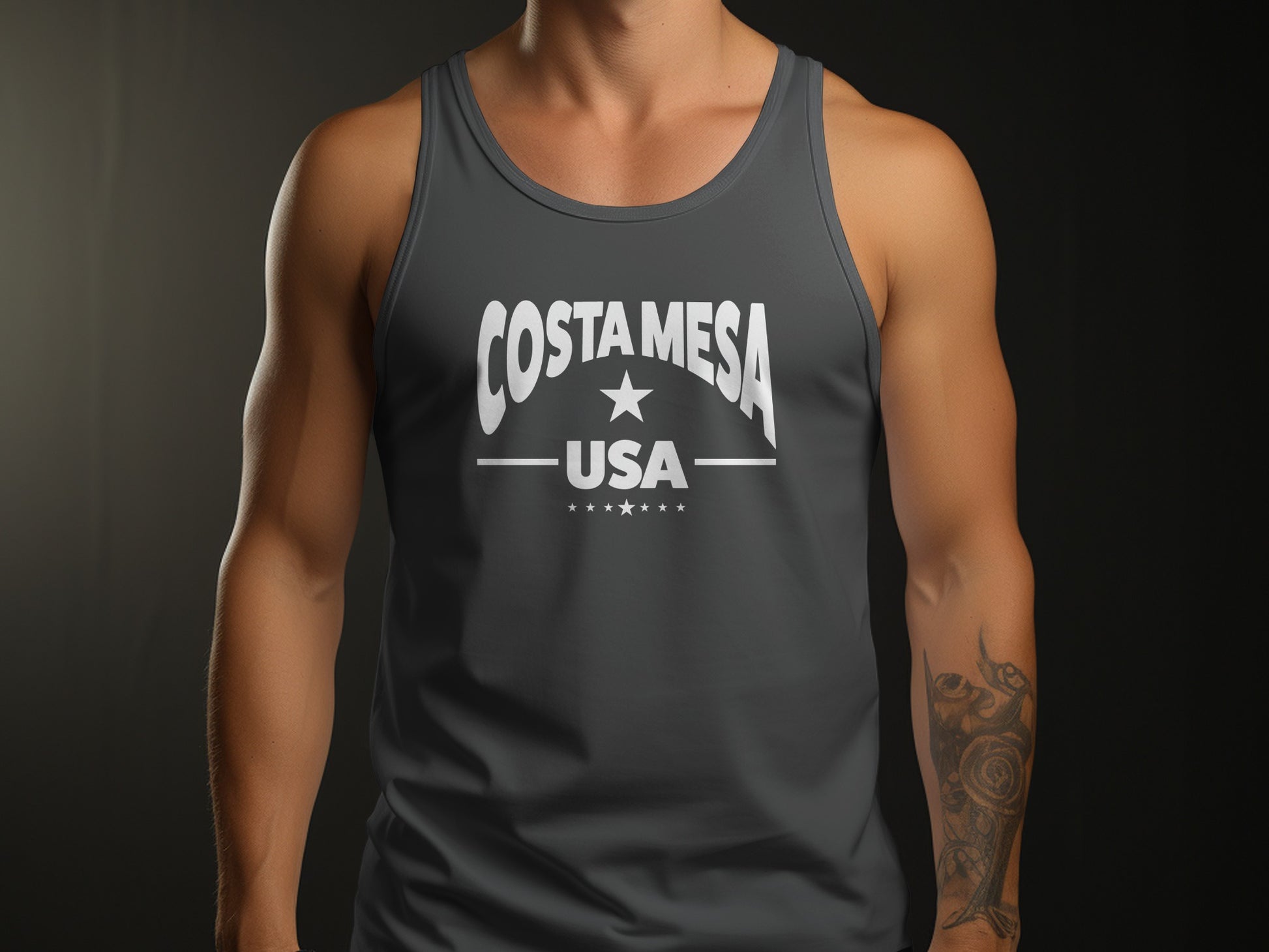 Costa Mesa tank top in charcoal black with unisex fit and soft texture, relaxed comfort, perfect for casual summer wear.