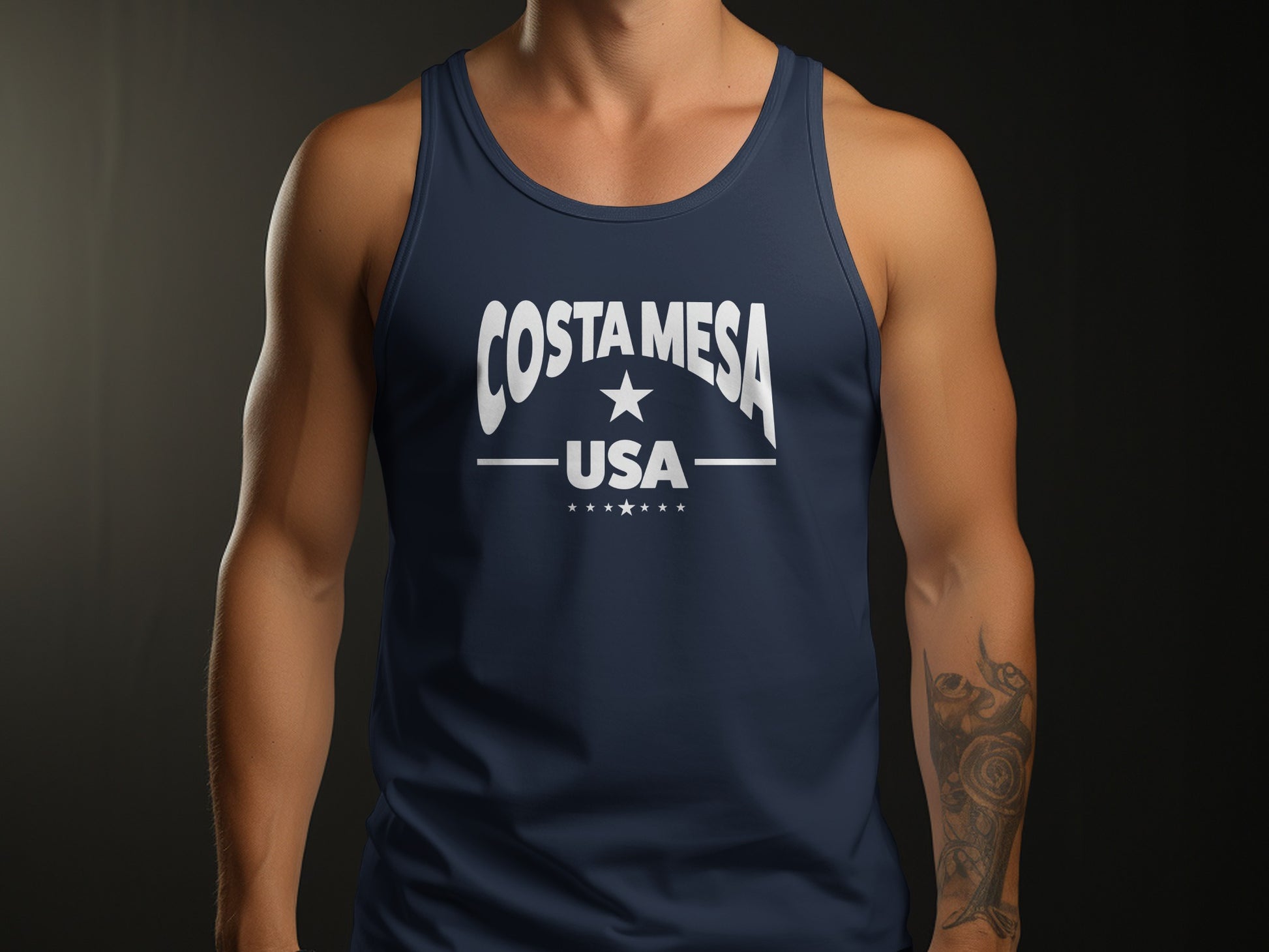 Navy Costa Mesa tank top, unisex design with breathable cotton feel, relaxed silhouette, and warm weather comfort.