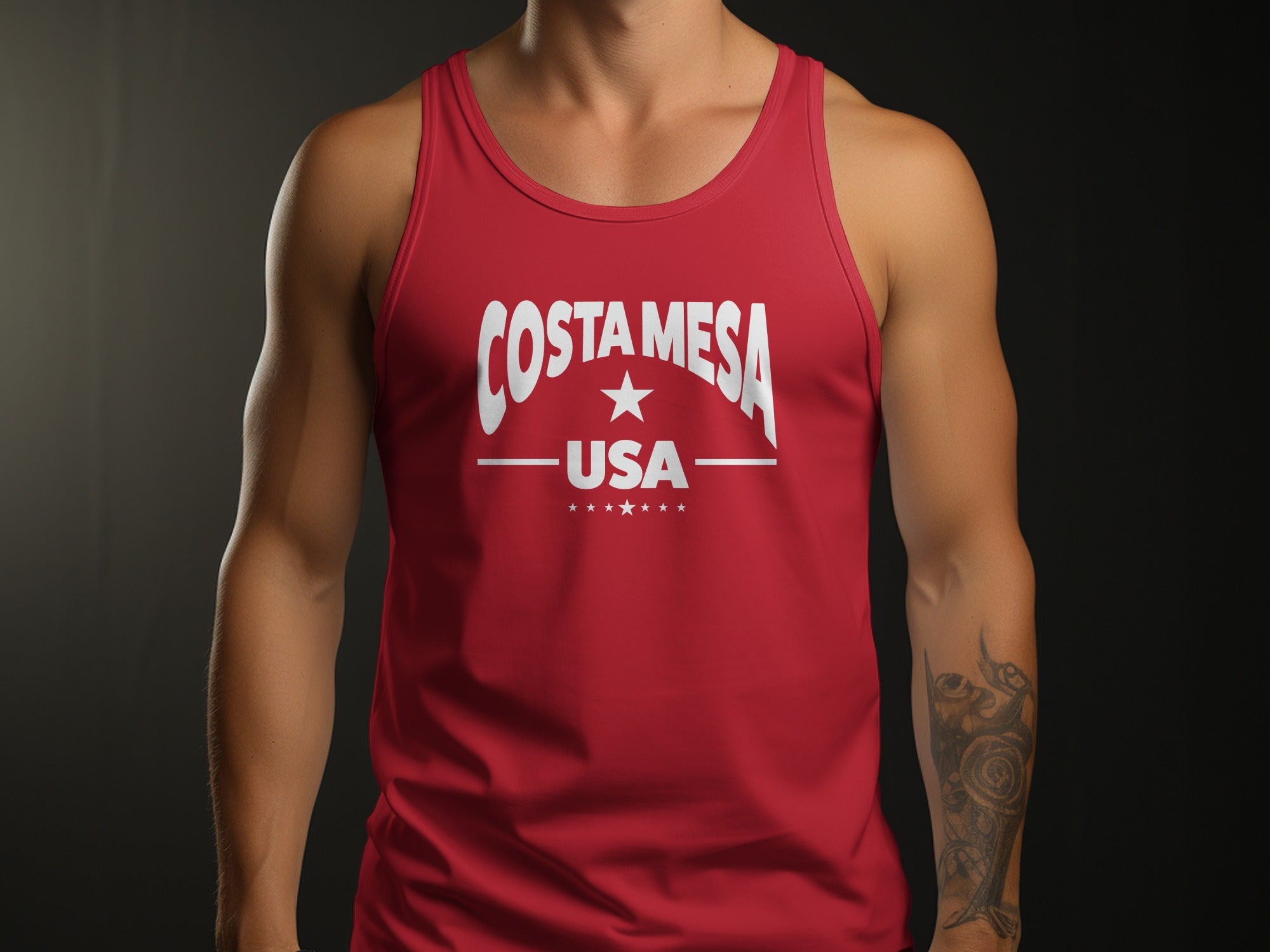 Red Costa Mesa Tank Top with classic collegiate graphic print including arched Costa Mesa text, star icon, and structured sports badge layout.