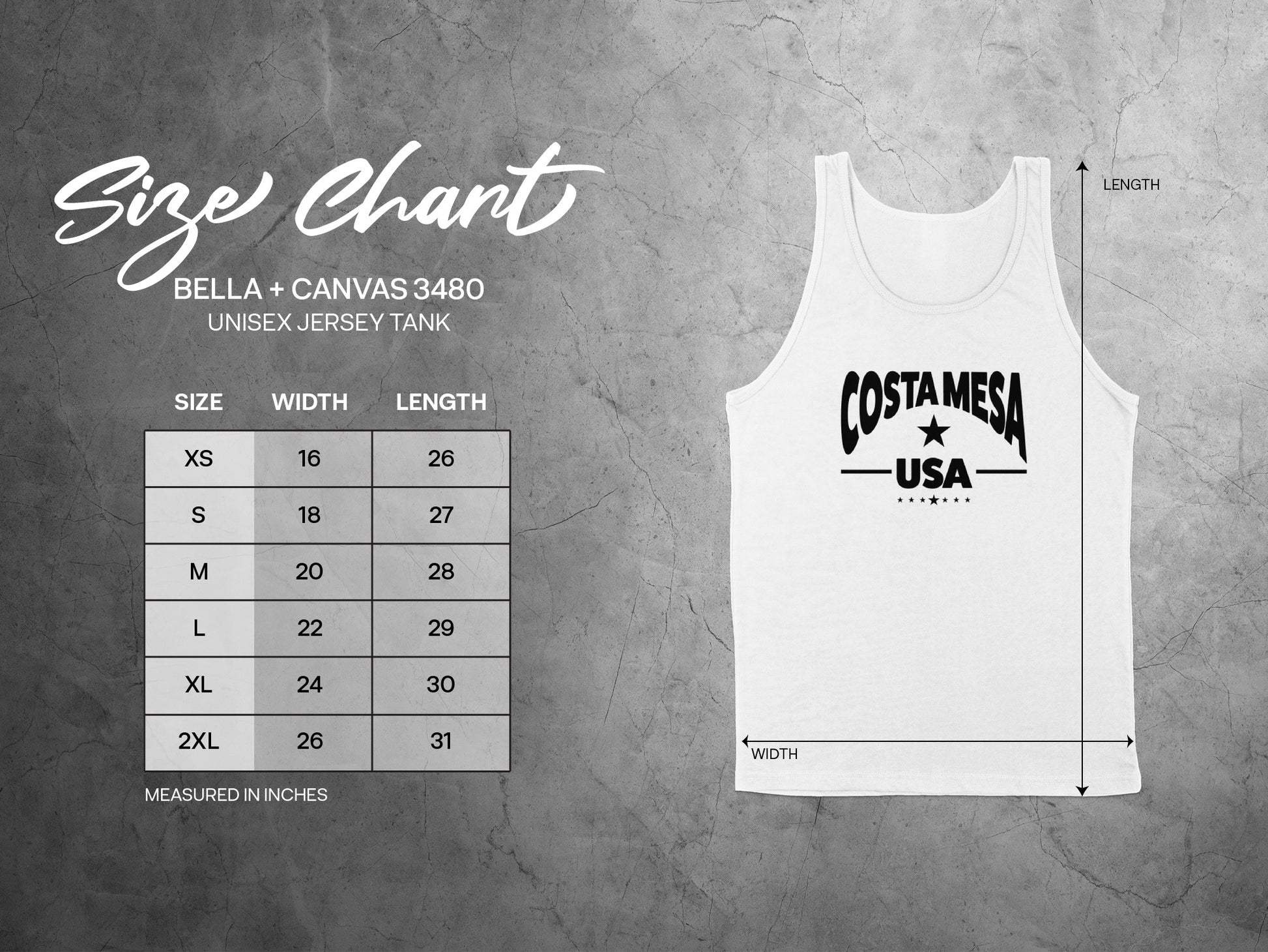 Unisex tank top size chart, showing chest width, body length, and measurements for accurate relaxed fit.