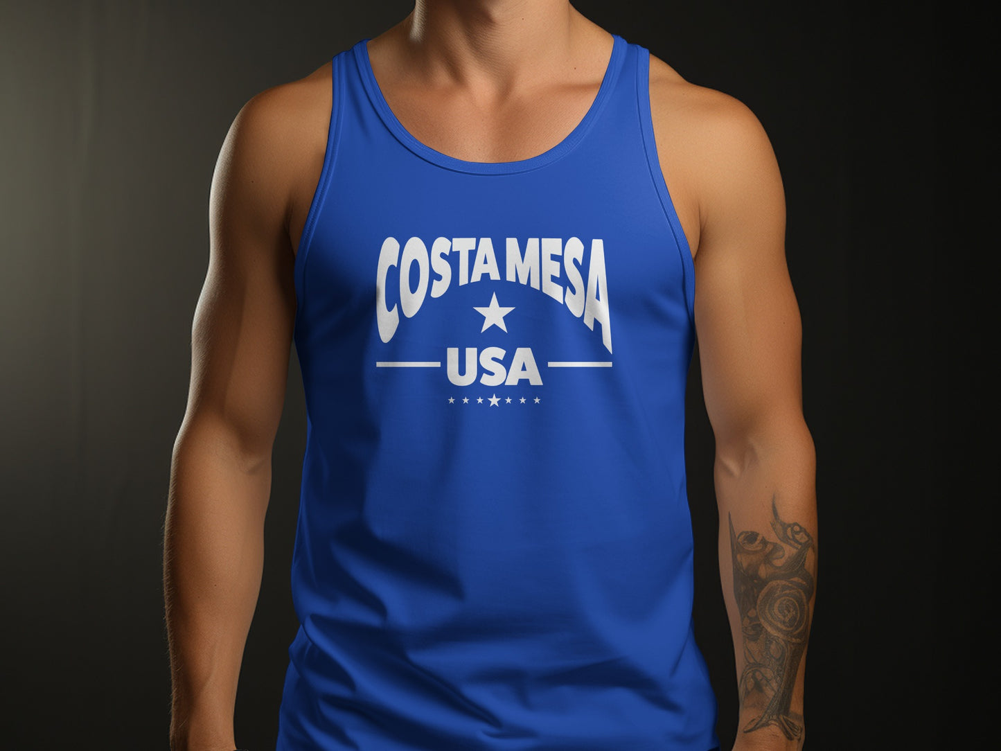 Costa Mesa tank top, true royal blue, unisex with breathable fabric, relaxed fit, and vibrant casual styling.