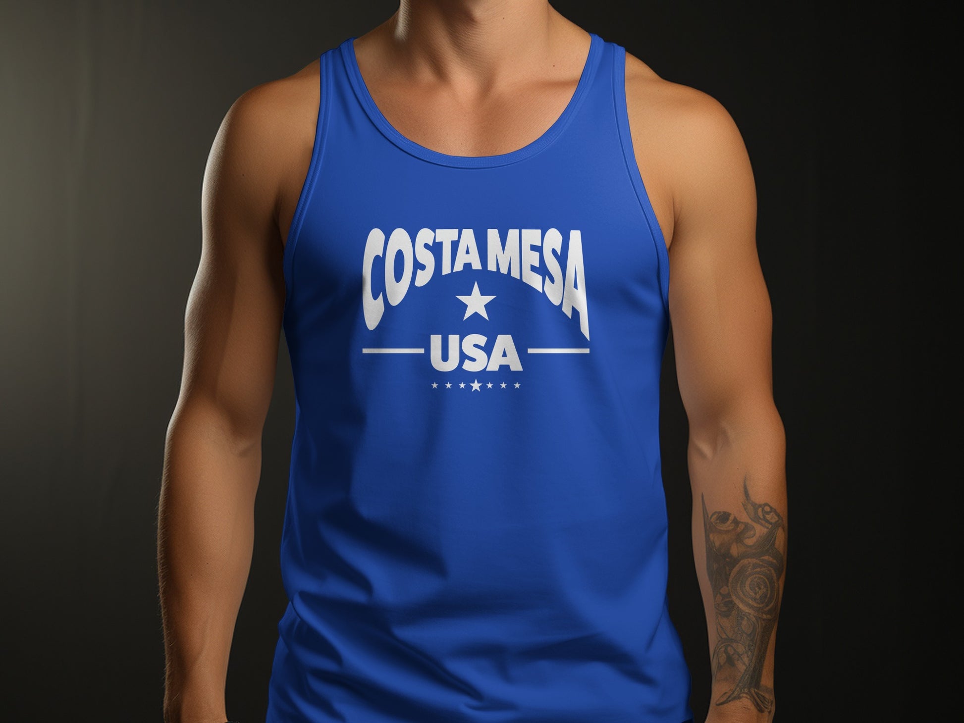 Costa Mesa tank top, true royal blue, unisex with breathable fabric, relaxed fit, and vibrant casual styling.
