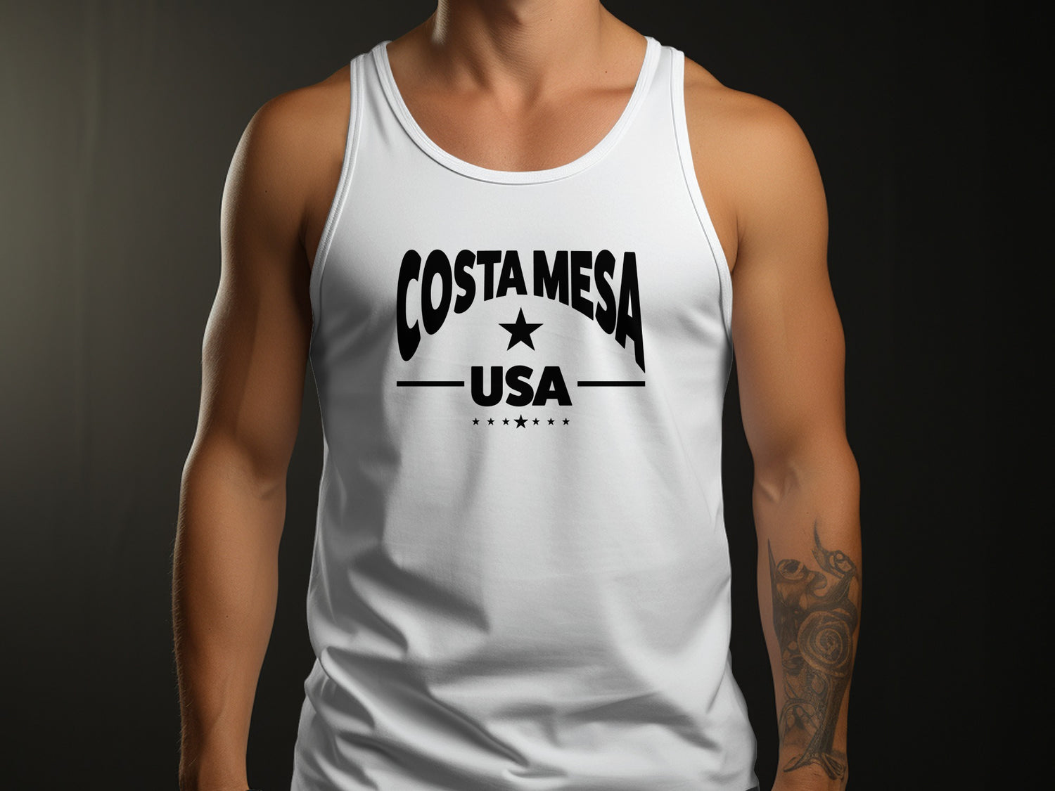 White Costa Mesa Tank Top showing high-contrast black Costa Mesa arched  lettering positioned above central black star, USA wordmark, and seven small star accents.