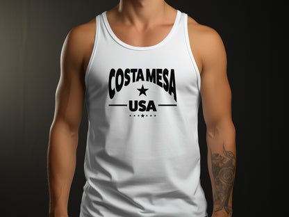 Costa Mesa white tank top, unisex sleeveless with lightweight cotton feel, relaxed fit, and clean summer look.