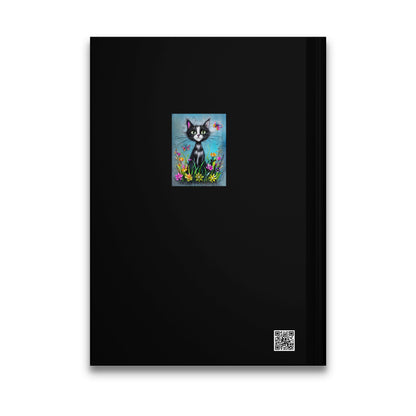 Back cover of Cute Cat Journal featuring matching cat and wildflower illustration on black hardcover.