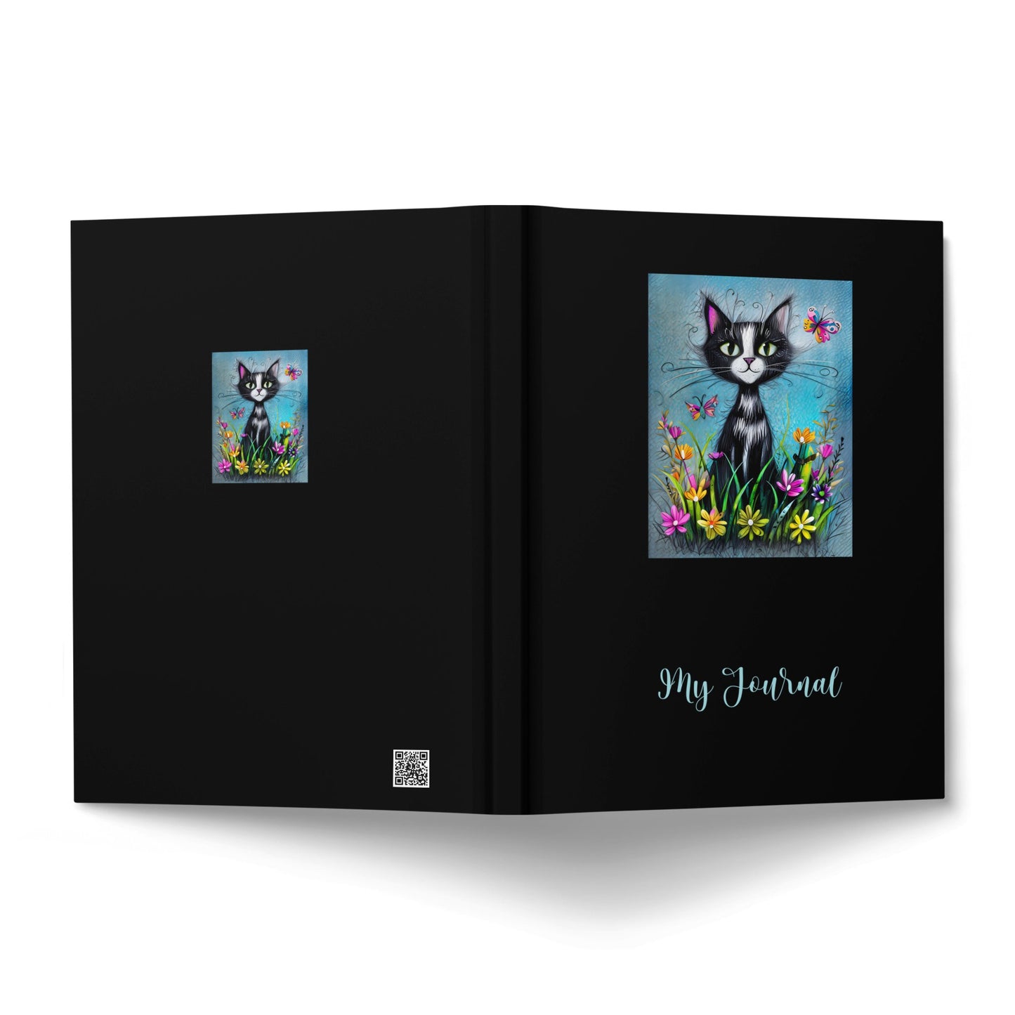 Front and back covers of Cute Cat Journal with tuxedo cat, butterflies and colourful meadow artwork.