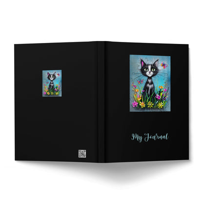 Front and back covers of Cute Cat Journal with tuxedo cat, butterflies and colourful meadow artwork.