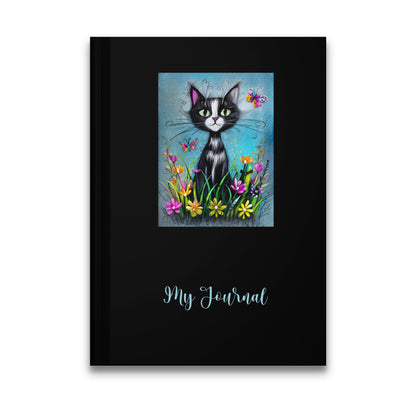Cute Cat Journal with tuxedo cat, colourful wildflowers, butterflies and turquoise sky artwork.