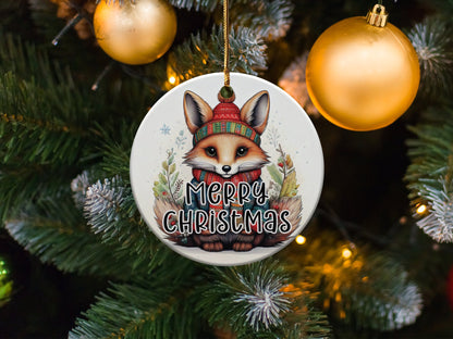 Ceramic Christmas ornament with adorable fox artwork, snowflake accents, botanical foliage, and seasonal details.
