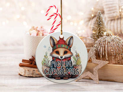 Fox Christmas ornament in ceramic featuring a watercolour fox kit in a knitted beanie and red sweater with winter berries.