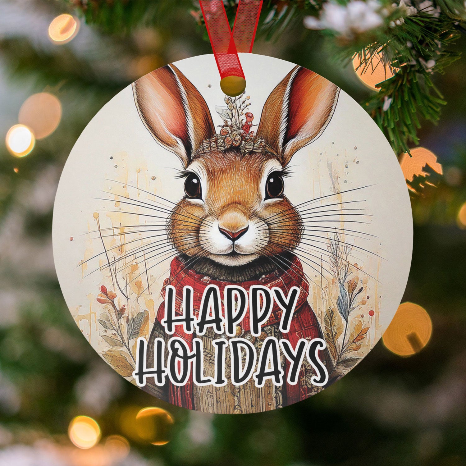 Decorative ornament with a rabbit illustration and Happy Holidays text, hanging on a Christmas tree.