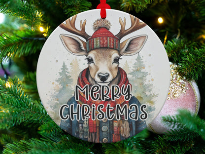Woodland deer ornament featuring festive winter attire, majestic antlers, and snow-covered pine tree artwork.