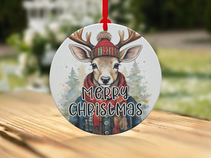 Christmas tree ornament with deer illustration, red pom-pom hat, plaid scarf, and winter forest scene.