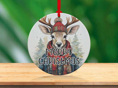 Watercolour deer holiday ornament featuring rustic woodland artwork and cheerful Merry Christmas lettering.