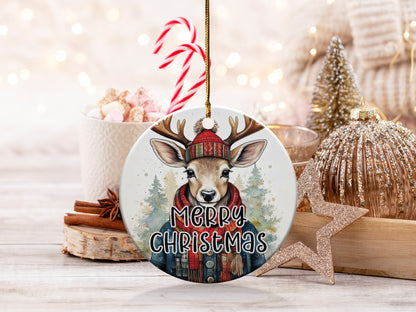 Ceramic Deer Christmas ornament featuring a woodland deer with antlers, red beanie, plaid scarf, and snowy pine forest.