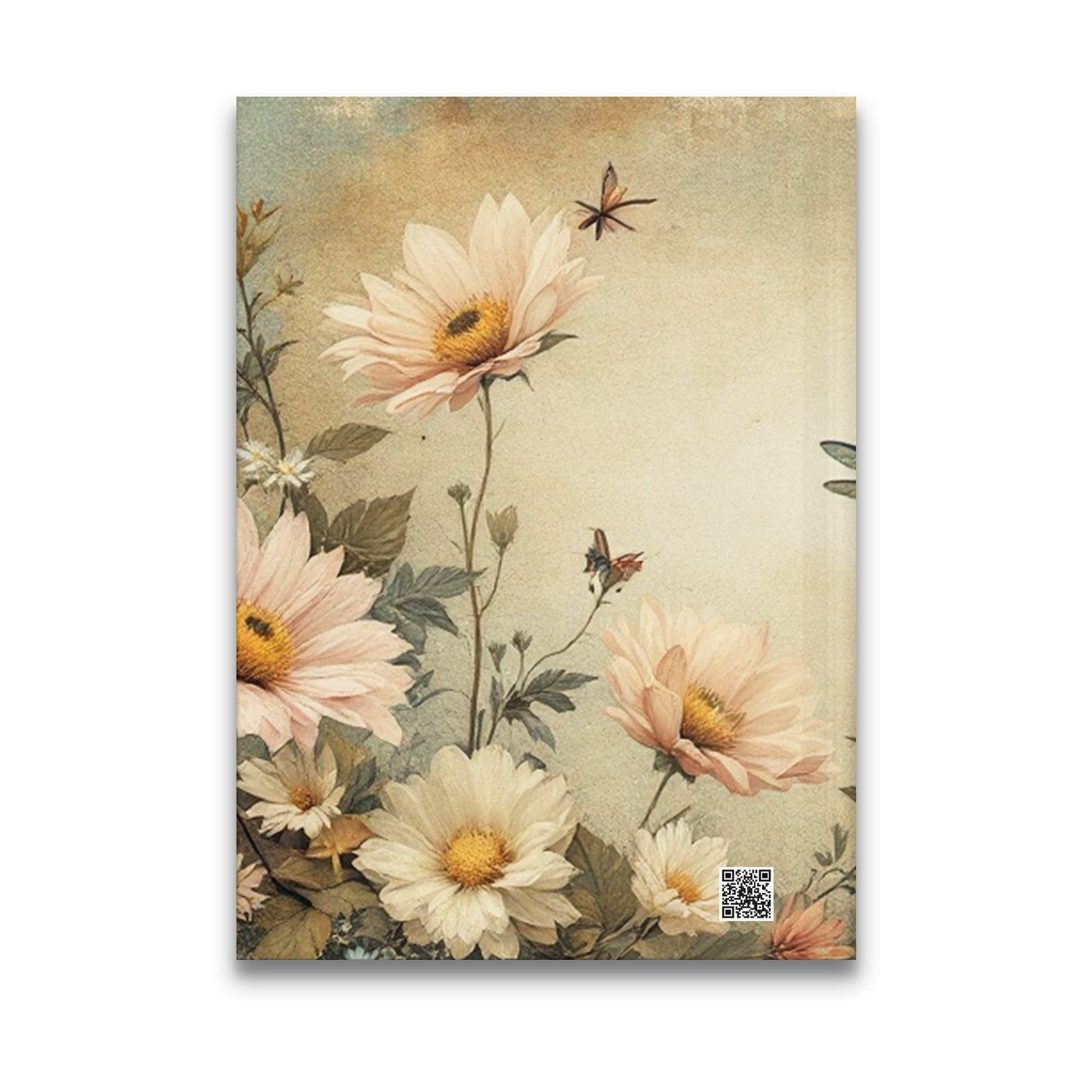 Back cover of Dragonfly Floral Journal featuring oversized dahlias, butterflies and botanical garden artwork.